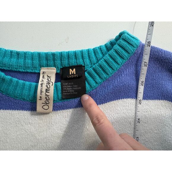 Obermeyer apres ski winter snow crew neck sweater blue teal white stripes - Picture 4 of 6